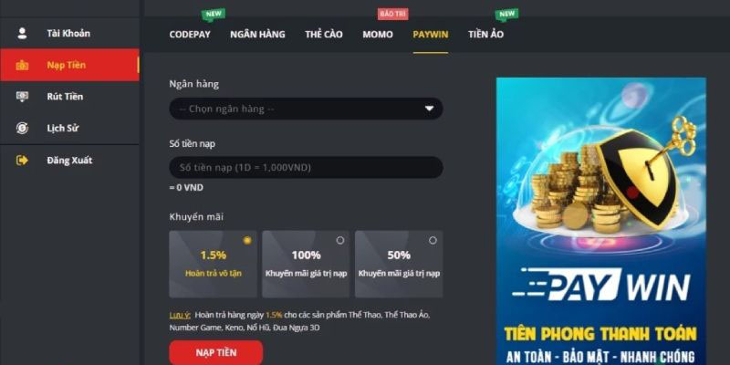 Sử dụng ví Paywin để nạp tiền DEBET